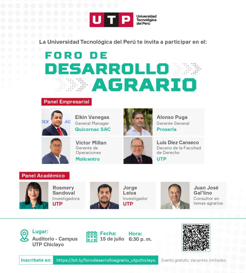 UTP Chiclayo organiza la primera edición del Foro de Desarrollo Agrario con líderes empresariales y académicos