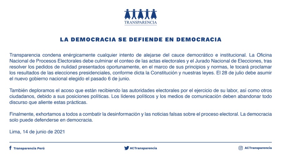 Transparencia condena cualquier insinuación de alejar al país de la  democracia