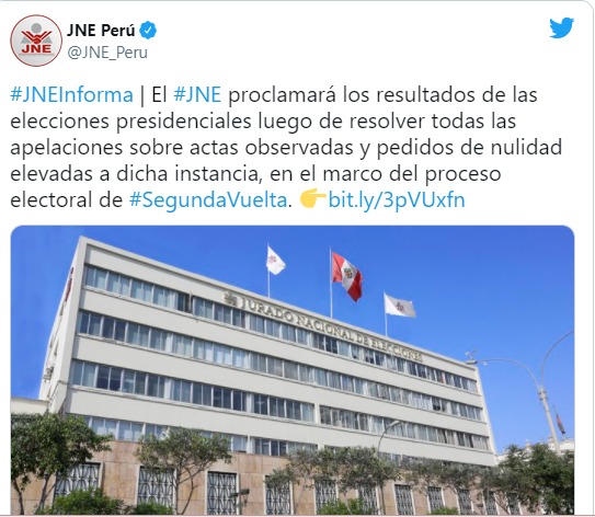 Sólo JNE puede declarar al ganador de elecciones tras resolver pedidos de nulidad y apelaciones de actas