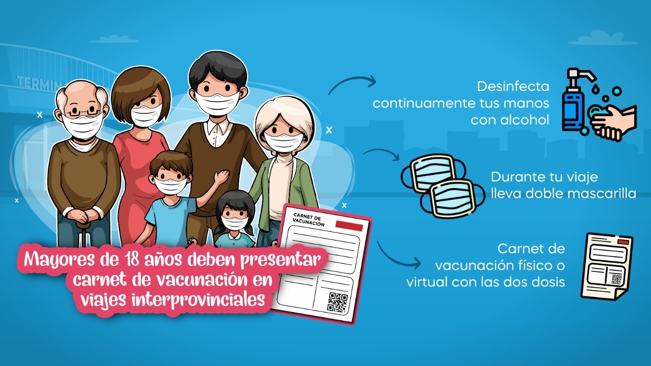 Carnet de vacunación completa y doble mascarilla son obligatorios para viajes interprovinciales