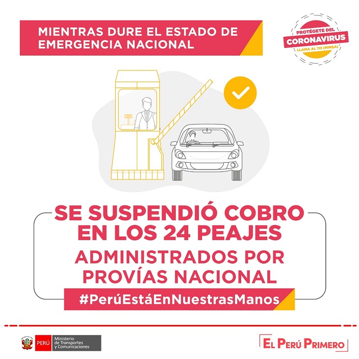 Se suspende cobro de peajes, administrados por Provías, durante el estado de emergencia
