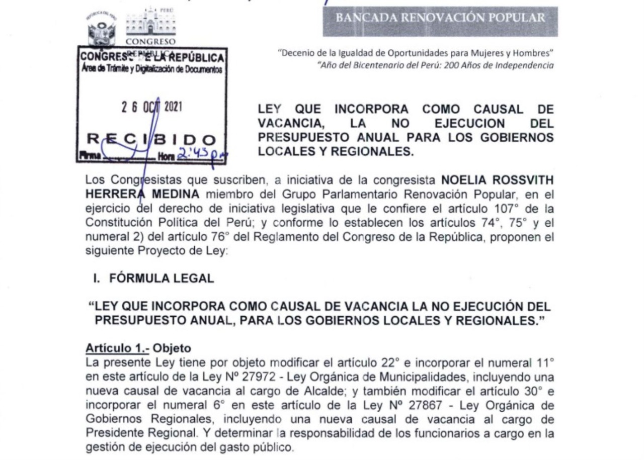 Plantean vacancia de gobernadores y alcaldes por no ejecutar presupuesto
