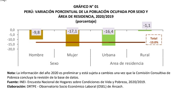 En el año 2020, la población ocupada se redujo en 13,0% a nivel nacional