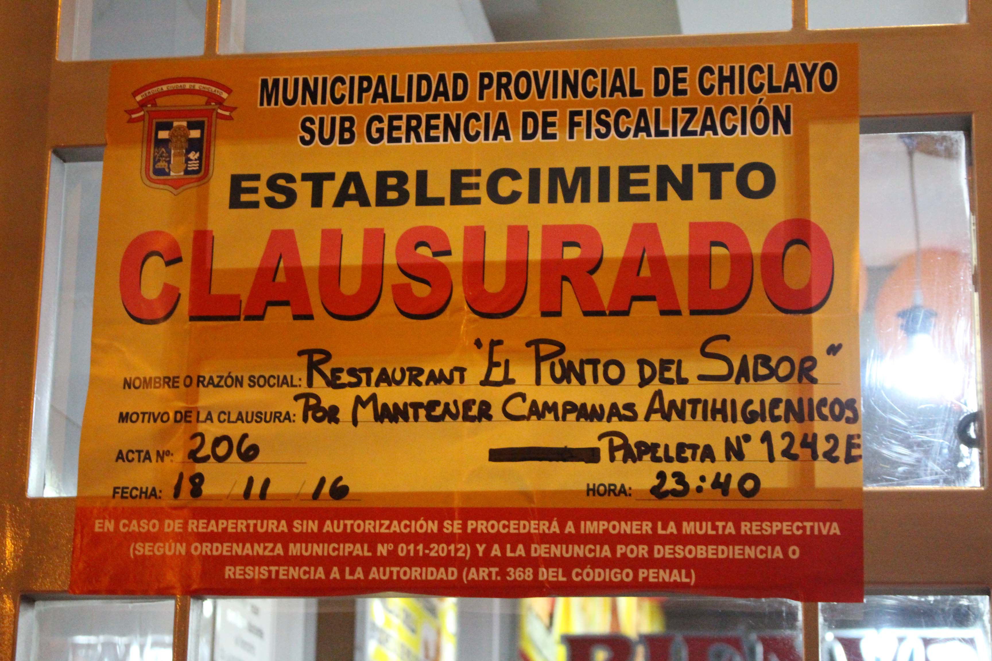 Chiclayo:municipio provincial clausuró locales de venta de comida por insalubres