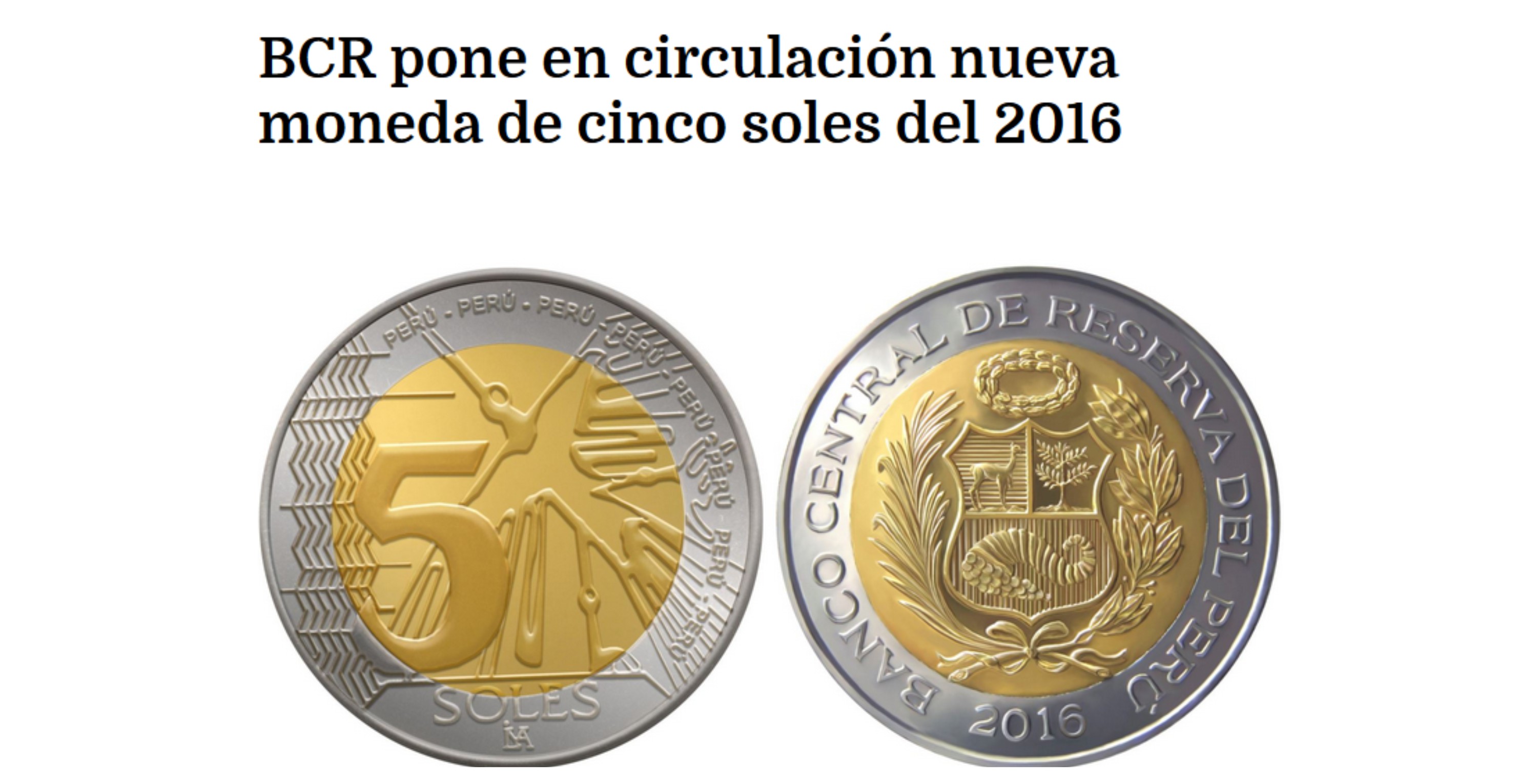 BCR pone en circulación nueva moneda de cinco soles del 2016