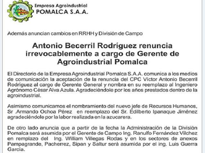 Directorio de azucarera Pomalca aceptó renuncia de gerente general  